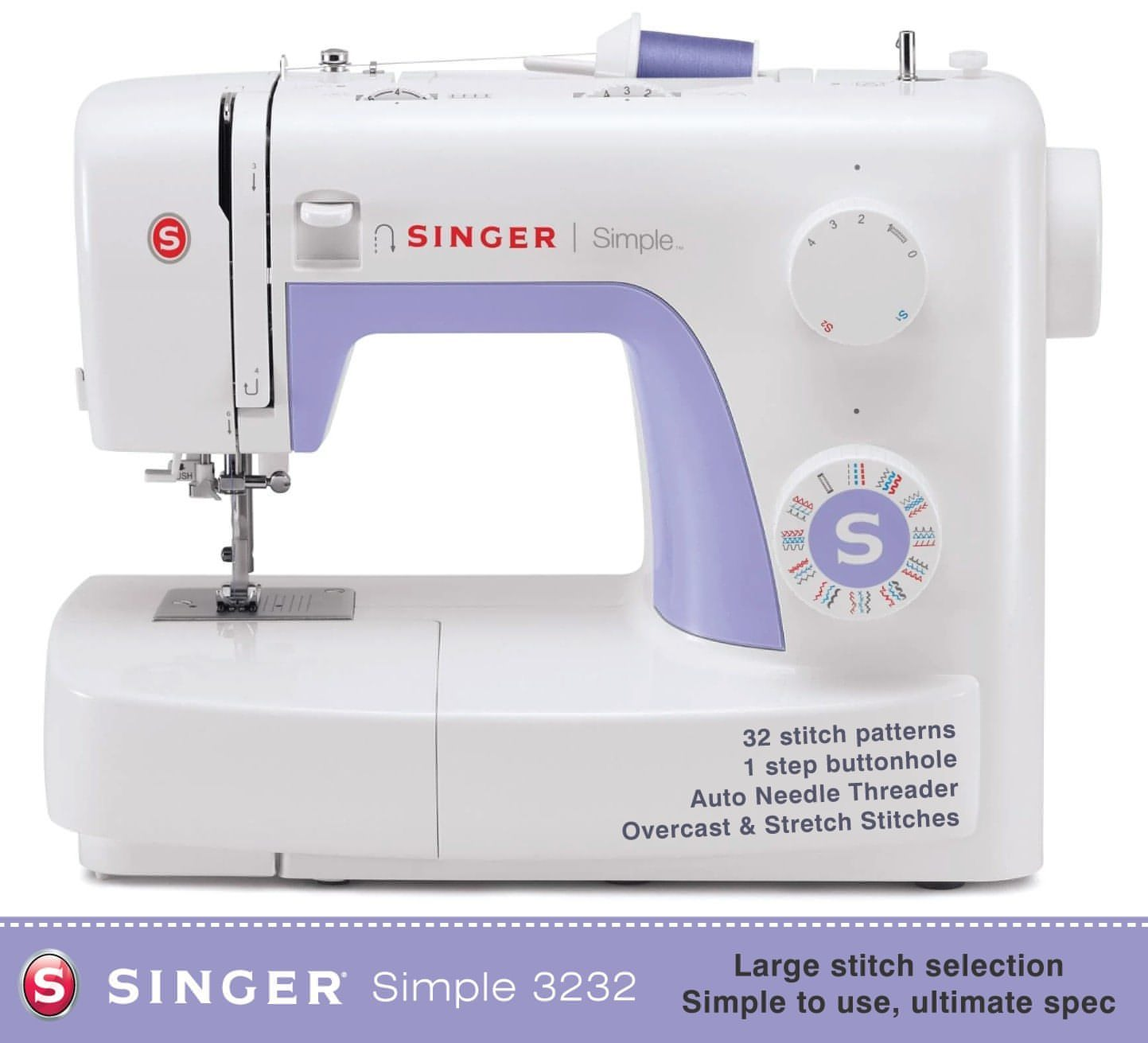 Singer Simple 3232 Sewing Machine - Top spec 32 stitch patterns in a traditional shape, dependable workhorse - new 2025 model