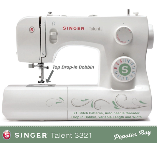 Singer Talent 3321 Sewing Machine - Drop in bobbin, traditional shape, auto threader, lovely spec mechanical machine - New 2025 model